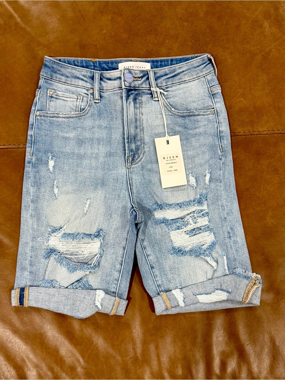 Risen Light Wash Distressed Denim Cuffed Shorts